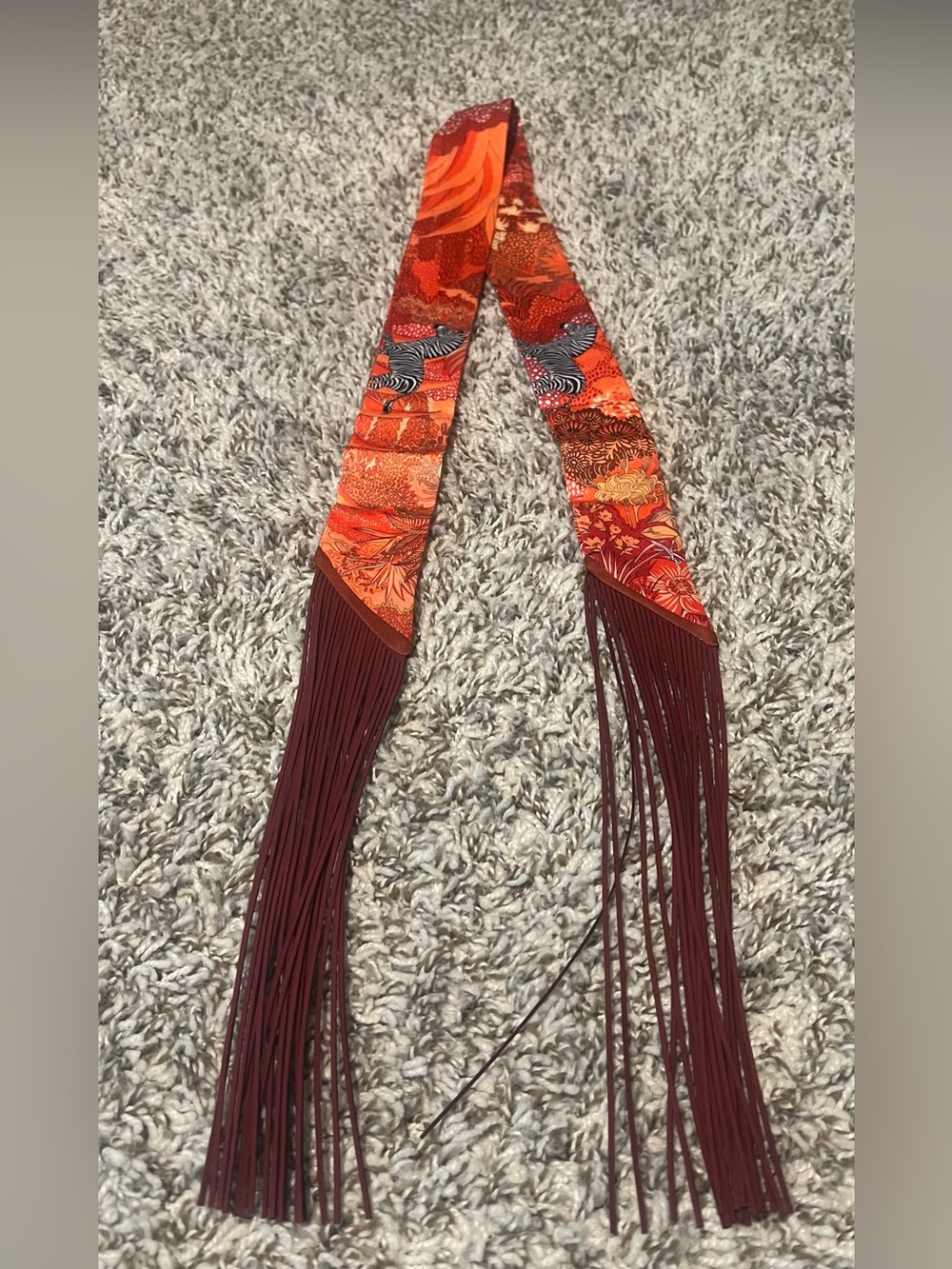 Fringed Orange & Burgundy Patterned twilly Scarf